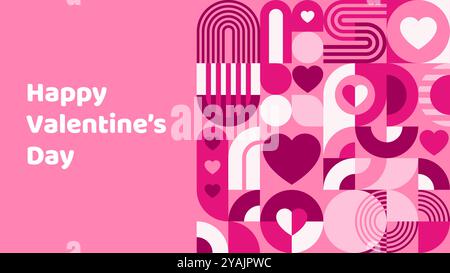 Valentines Day poster with abstract geometric pattern of pink and purple hearts, circles, lines and arches. Vector modern graphic background of romantic love holiday, minimalist geometric composition Stock Vector