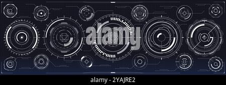 Digital HUD elements, futuristic technology cyber UI interface of Sci Fi and future tech game. Vector graphic futuristic control panel holograms, abstract round target or button, head display elements Stock Vector