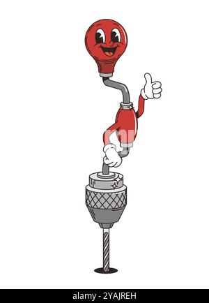 Retro groovy hand brace drill tool character. Isolated cartoon vector construction working equipment personage with cheerful expression, giving a thumbs-up, exuding a positive and hardworking vibe Stock Vector