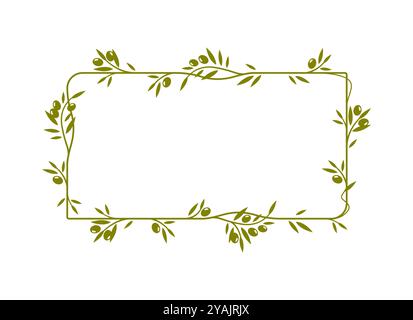 Olive leaves, tree branches and fruits frame. Vector green olives wreath with floral vines, mediterranean cuisine food, vegetable oil and natural cosmetics label. Branches and leaves square frame Stock Vector