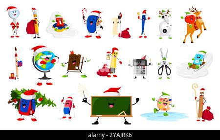 Cartoon Christmas school education items, stationery and book characters. Xmas holiday supplies of vector cute pencil, pen, paint brush and ruler personages with Christmas tree, Santa gift bag, deer Stock Vector