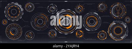 Futuristic digital technology HUD elements, cyber UI interface vector graphic. Abstract circles of future tech control panel, Sci Fi game head up display holograms with round orange frames Stock Vector