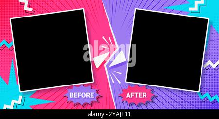 Before after template featuring vibrant vector borders or photo frames for comparison in colorful retro comic pop art or Memphis style with dynamic pink, blue and purple halftone backgrounds Stock Vector