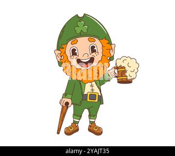 Cartoon retro groovy leprechaun character with beer, saint patrick day holiday personage. Isolated vector cheerful dwarf with red beard, bright green suit and top hat, merrily holds a frothy beer mug Stock Vector