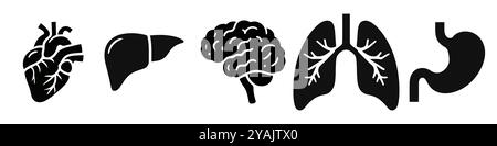 human anatomy, monochrome icons set. internal organs, body parts, simple symbols collection. Stock Vector