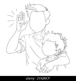 Single continuous line drawing of young dad giving high five gesture to son for success in school achievement, parenthood time. Happy family, son, and Stock Vector