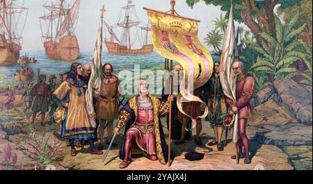 CHRISTOPHER COLUMBUS (1451-1506) Italian explorer landing in America. American print from 1893. Stock Photo