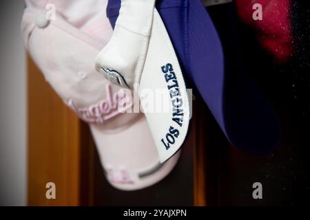 Close up shot of caps with Los Angeles written on them Stock Photo