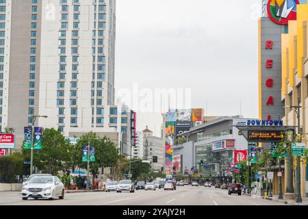 Los Angeles, USA - Oct 27, 2016: Traffic in downtown Los Angeles under a grey sky Stock Photo