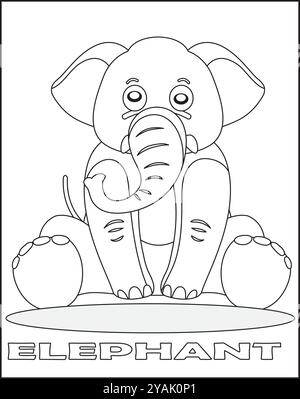 Cute baby elephant. Black and white outline illustration. Coloring book page. Stock Vector