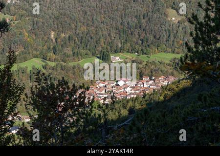 Glimpse of the village Illegio: Small Mountain Village in the Valleys of Carnia (Italy), Immersed in Tranquility and Natural Beauty. Stock Photo