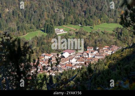 Glimpse of the village Illegio: Small Mountain Village in the Valleys of Carnia (Italy), Immersed in Tranquility and Natural Beauty. Stock Photo