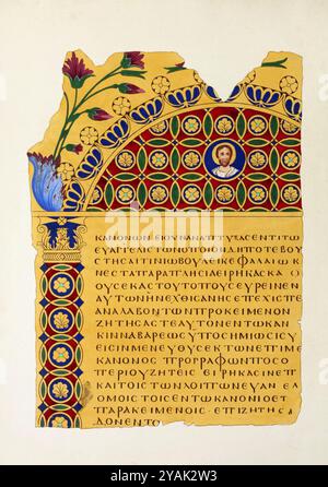 Design, ornaments and patterns of medieval manuscripts and books. Ancient Greek manuscript. (a Byzantine illuminated Gospel Book fragment on vellum from the sixth or seventh century.) The ground (of leaves) is entirely of gold, on which are painted columns and arches, for the reception of the Eusebian Canons, most elegantly filled up with ornaments and patterns in red, blue, and green; whilst on the upper part are introduced small heads of the evangelists, incoloded in circles, executed in a most masterly style of art. London. 1833 Stock Photo