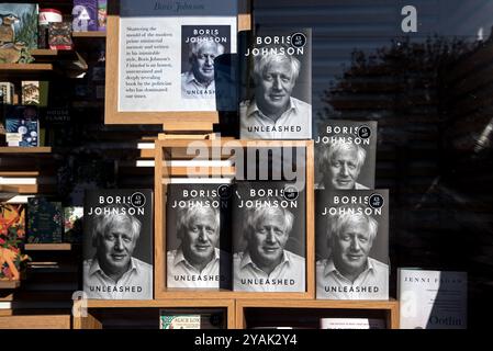 Former British Prime Minister Boris Johnson's political memoir 'Unleashed' on display at Waterstones bookshop on Princes Street, Edinburgh, Scotland. Stock Photo