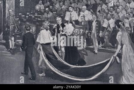 Coronation of King George V. Before the ceremony. - The arrival of the royal entrants: Princess Mary greets the Prince of Wales, her brother. London. 1911 The Westminster ceremony. On Thursday 22 June, King George V and Queen Mary were crowned in Westminster. It was a marvellous ceremony and a wonderful spectacle, faithfully evoked in our drawings by the finest artists who attended. Stock Photo