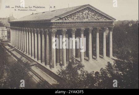 La Madeleine. Paris, France. 1924 The Church of Sainte-Marie-Madeleine or less formally, La Madeleine, is a Catholic parish church on Place de la Madeleine in the 8th arrondissement of Paris. It was planned by Louis XV as the focal point of the new Rue Royal, leading to the new Place Louis XV, the present Place de la Concorde. It was dedicated in 1764 by Louis XV, but work halted due to the French Revolution. Napoleon Bonaparte had it redesigned in the Neoclassical style to become a monument to the glory of his armies. After his downfall in 1814, construction as a church resumed, but it was no Stock Photo