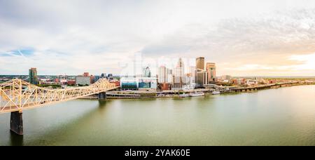 September 24, 2023, Louisville, KY: Aerial panoramic view of downtown Louisville, Kentucky from the Ohio River Stock Photo