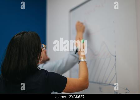 Two people collaborating on a whiteboard with diagrams and data Stock Photo