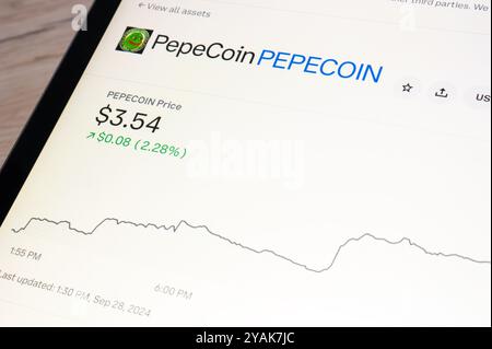 OSTRAVA, CZECHIA - SEPTEMBER 24, 2024: Price chart of PepeCoin meme crypto currency on LCD screen Stock Photo