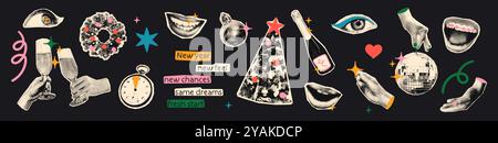 Christmas halftone art collage set vector illustration Stock Vector