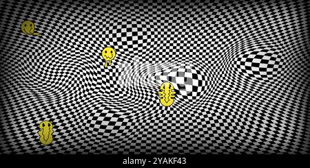 Abstract horizontal background with black and white checkered waves with smiles. Stock Vector