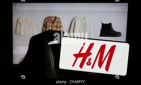 H M company logo on a website with blurry stock market developments in the background seen on a computer screen through a magnifying glass Stock Photo Alamy