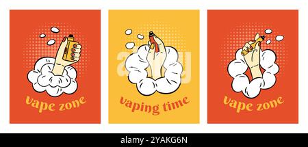 Smoking electronic cigarettes. Vape posters in comics style. Cartoon hands holding vaping devices. Tobacco smoking simulation. Human arm in smoke clou Stock Vector