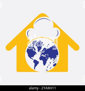 Cuisine Global, Yellow Color Store Logo, Blue World Icon, White Background Stock Vector