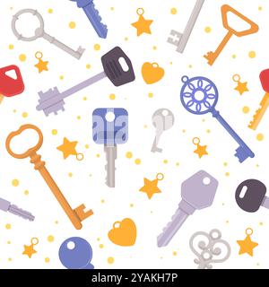 Modern and vintage keys seamless pattern. Metal door openers. Steel lockpicks for entry. Protection security accessories. Repeated print. Latchkey wit Stock Vector