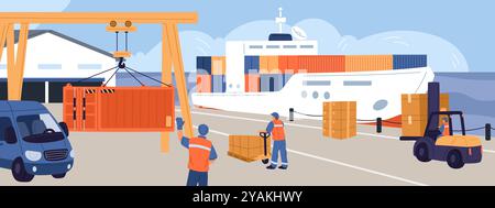 Container loading at seaport. Cargo ships. Loaders in port warehouse. Uniformed workers. Logistic and delivery service. Bulk shipments. Lifting metal Stock Vector