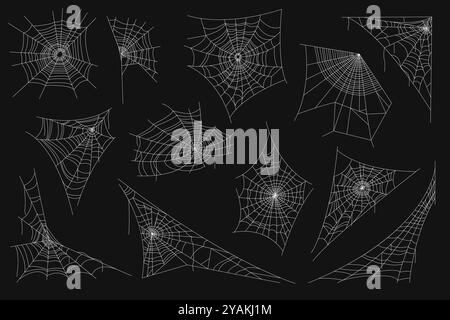 Hand drawn cobwebs. Various shapes Halloween spider webs. Dark gothic decorations. Braided insects traps. Creepy spiderwebs. Sticky insect threads. Ar Stock Vector