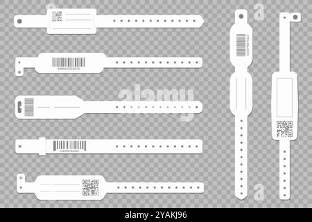 Blank wristband bracelets mockup. White paper pass tapes. Event or concert identification. Fan ID. Carnival entry. Access wristlet with barcode. Entra Stock Vector
