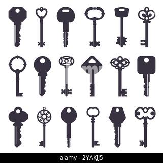 Black keys silhouettes. Old and modern door opening elements. House safety. Different carvings types. Lock passkeys. Home access. Opener symbols. Carv Stock Vector