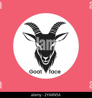 Black and white vector illustration of a goat head logo with long horns and a beard Stock Vector