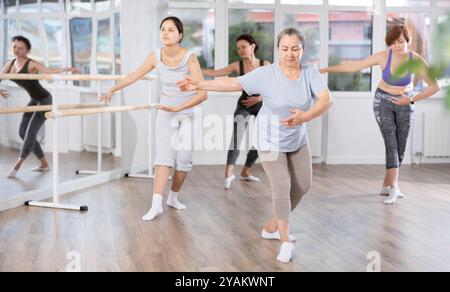 Group of female beginners rehearsing ballet dance Stock Photo