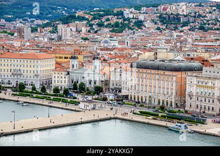 Trieste Italy,Riva Tre Novembre promenade street,Gulf of Trieste,Adriatic Mediterranean Sea,Port of Trieste,Porto di Trieste,city skyline,Molo Audace Stock Photo