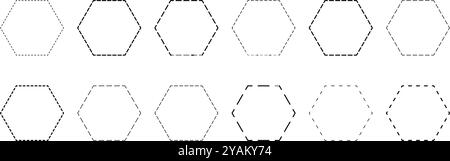 Set of hexagon shapes with dashed lines. Dotted geometric figures isolated on white background. Cut here pictograms. Vector outline illustration. Stock Vector