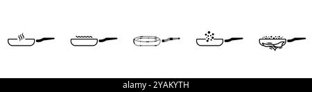 Kitchen utensils linear icons set. Black linear pans. Steaming kettles for food outline vector. The process of boiling in pots set. Food preparation b Stock Vector