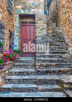 Charming wooden door set in a weathered stone facade, flanked by colorful potted flowers. Stock Photo