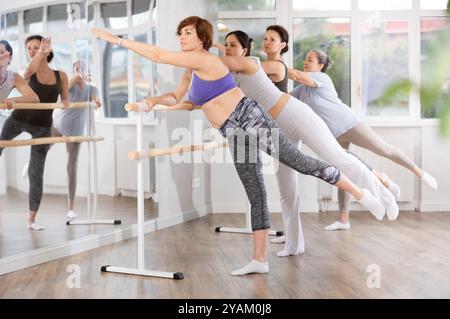 Group of women beginners practicing at ballet barre Stock Photo