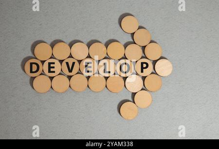 Develop word written on wood block. Develop text on cement table for your desing, concept. Stock Photo