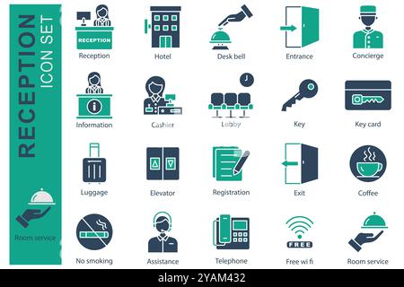 Reception icon set. solid icon style. icon related to reception. hotel elements vector illustration Stock Vector