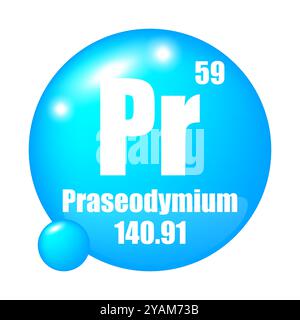 Praseodymium icon. Pr chemical element. Atomic number 59. Mass 140.91. Blue sphere. Stock Vector