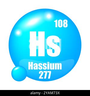 Hassium icon. Hs chemical element. Atomic number 108. Mass 277. Shiny blue sphere. Stock Vector