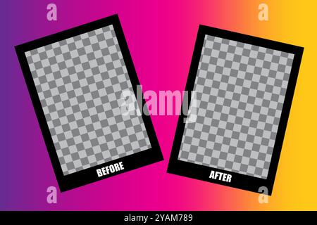 Before and after frames. Gradient background design. Transparent placeholders illustration. Photo comparison graphic. Stock Vector