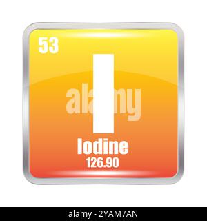 Iodine icon. I chemical element. Atomic number 53. Mass 126.90. Yellow square image. Vector symbol. Stock Vector