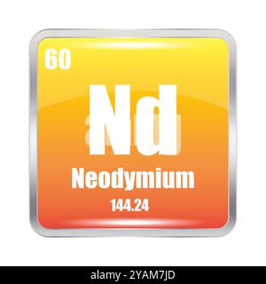 Neodymium icon. Nd chemical element. Atomic number 60. Mass 144.24. Orange square. Stock Vector