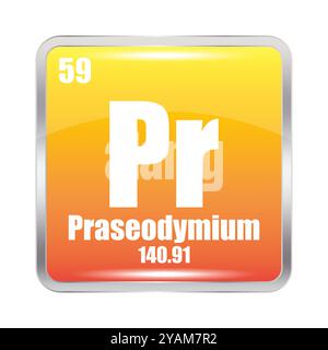 Praseodymium icon. Pr chemical element. Atomic number 59. Mass 140.91. Yellow square image. Vector symbol. Stock Vector