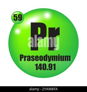 Praseodymium icon. Pr chemical element. Atomic number 59. Mass 140.91. Green sphere. Stock Vector