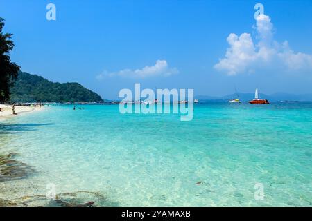 The trees and turquoise waters around Coral island, Phuket, Thailand. Blue sky with copy space for text Stock Photo